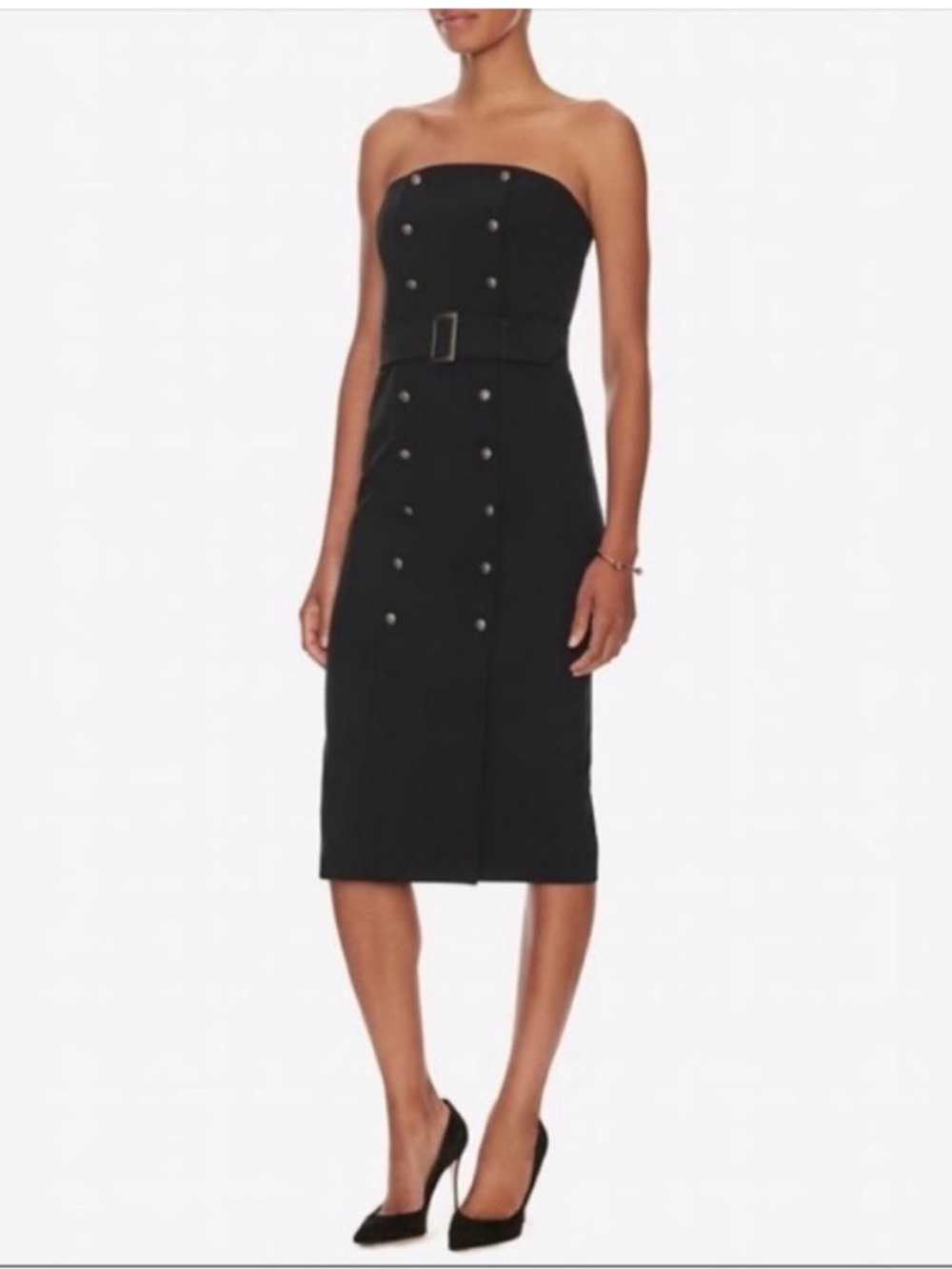 Intermix Black Strapless Double Breasted Polyester Gabardine Belted Dress P